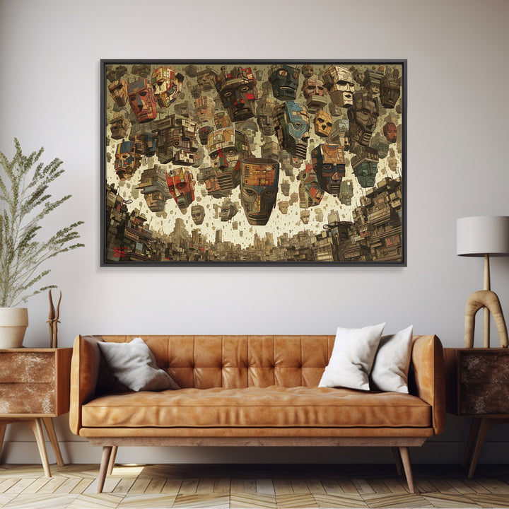 Floating Tribal Masks In Futuristic African City Framed Canvas Print, African Mask Art, Afrocentric Wall Decor, Bold Gift