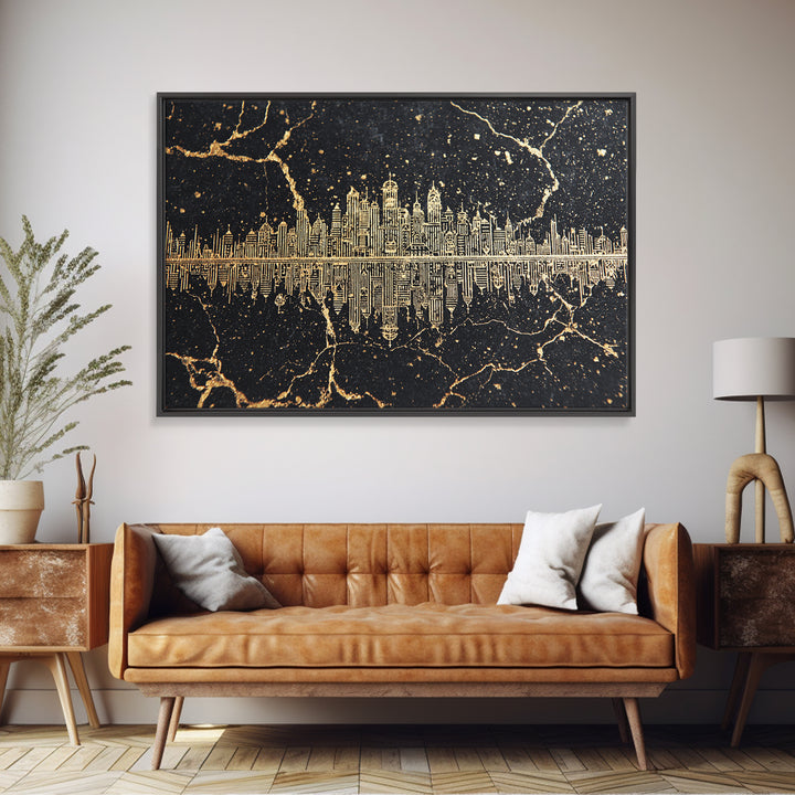 Gold Line Art Skyline Reflected On Black Marble Wall Art, Luxury Canvas Print, Modern Office Decor, Elegant Home Decor Gift
