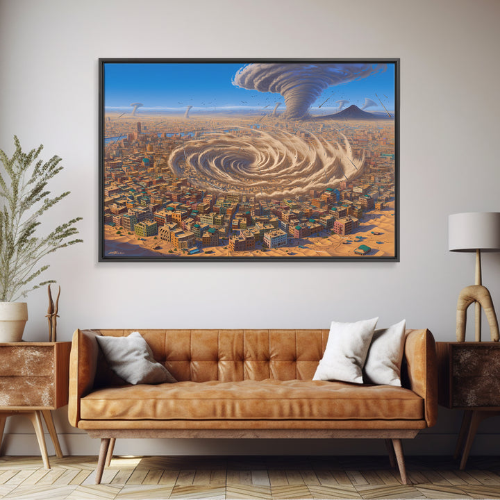 Surreal Desert City With Giant Tornado Storms Canvas Print, African Landscape Wall Art, Sci Fi Home Decor, Statement Gift
