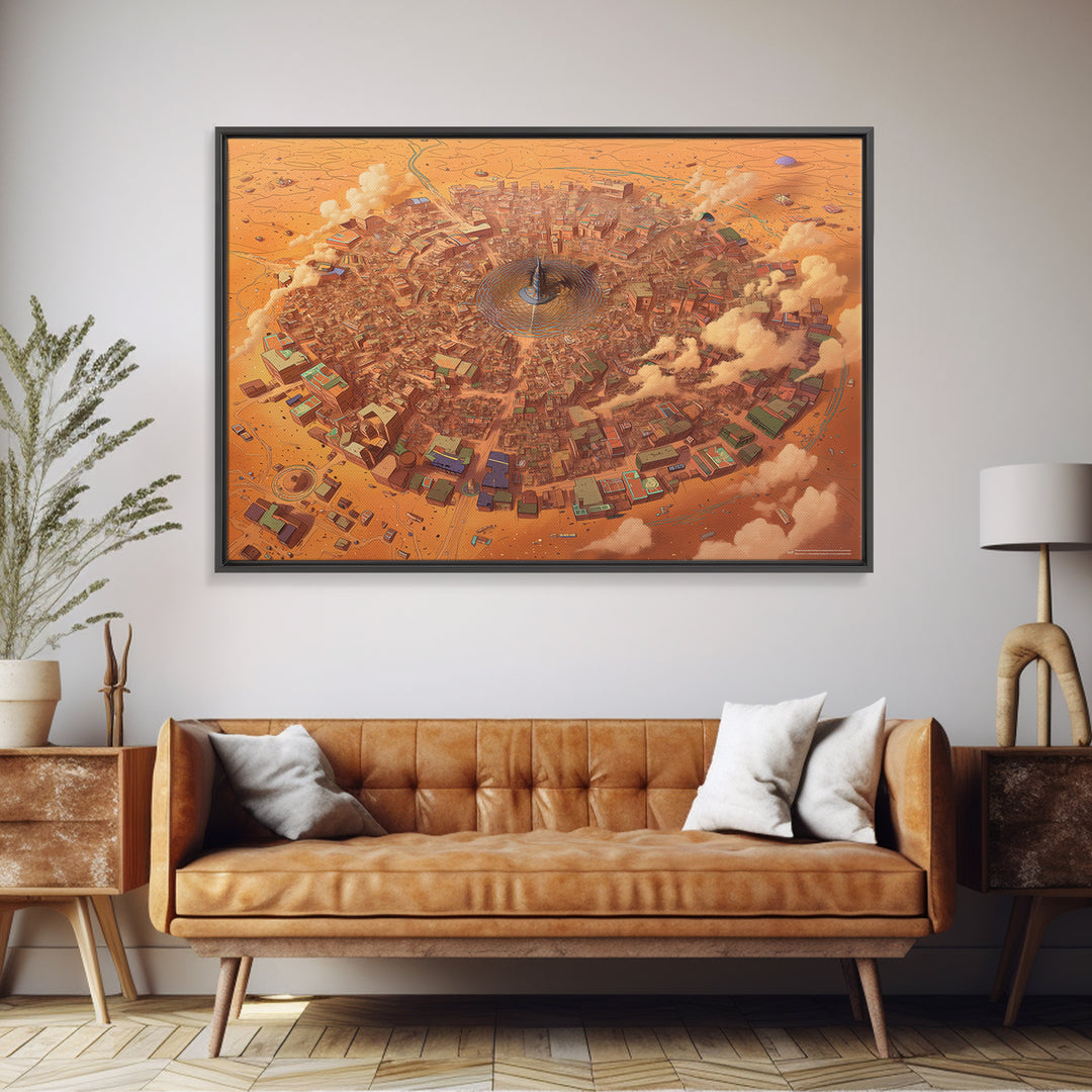 Circular Desert City Around A Central Spire Canvas Print, African Landscape Wall Art, Futuristic Home Decor, Unique Gift