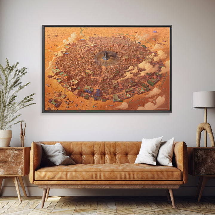 Circular Desert City Around A Central Spire Canvas Print, African Landscape Wall Art, Futuristic Home Decor, Unique Gift