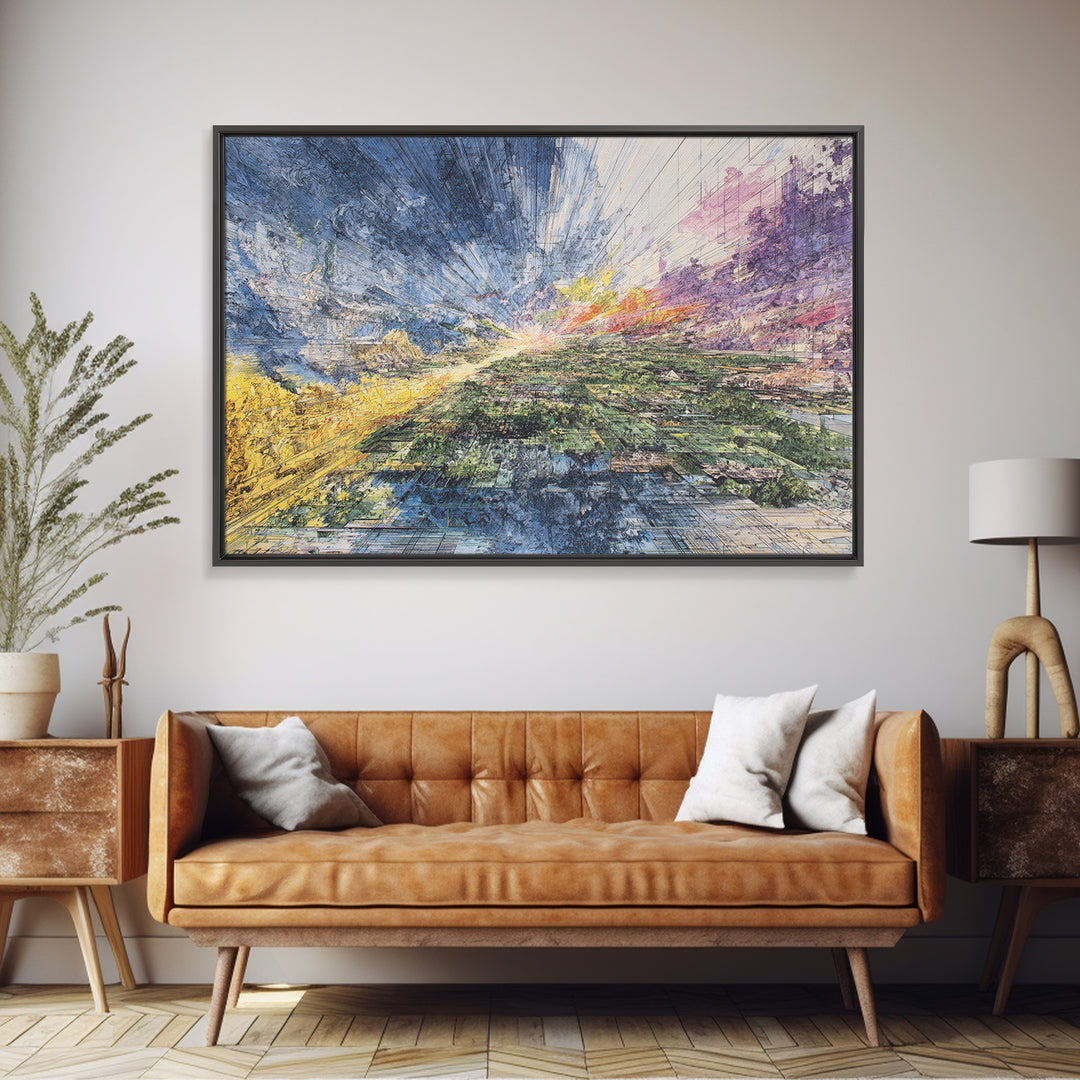 Radiant Abstract Cityscape Wall Art, Aerial Landscape Print, Modern Canvas Decor, Colorful Office And Living Room Art Gift