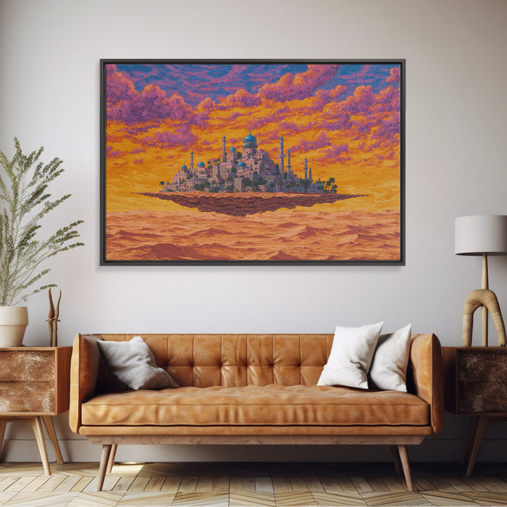 Floating Desert Palace Framed Canvas Print, Orange Sunset Mosque Artwork, African Inspired Travel Decor For Statement Walls