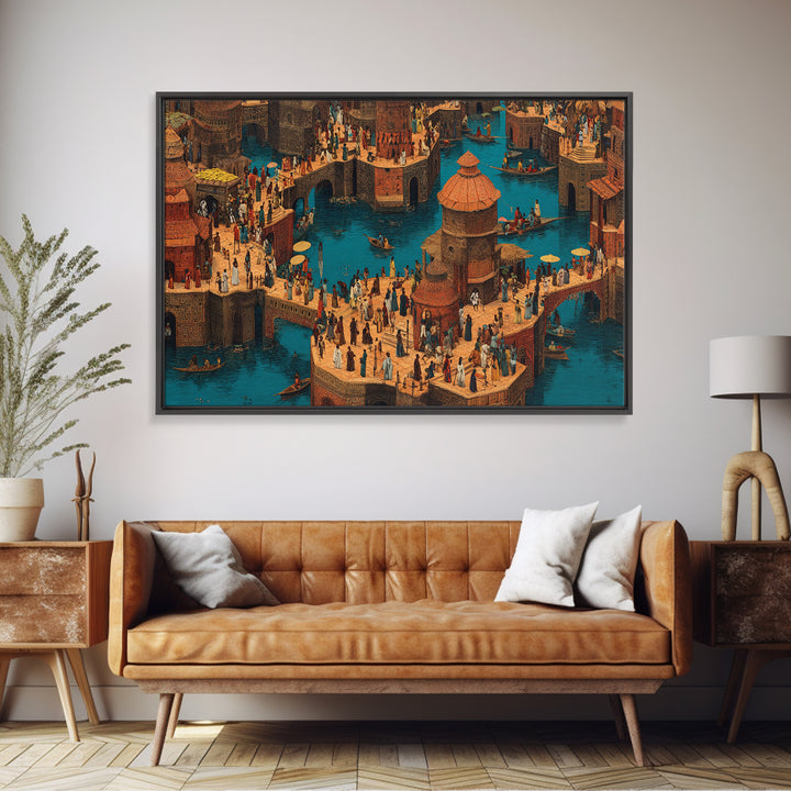 Bustling African Canal Market Wall Art, Crowded Waterfront City Print, Cultural Decor For Living Room Or Office Gallery Wall