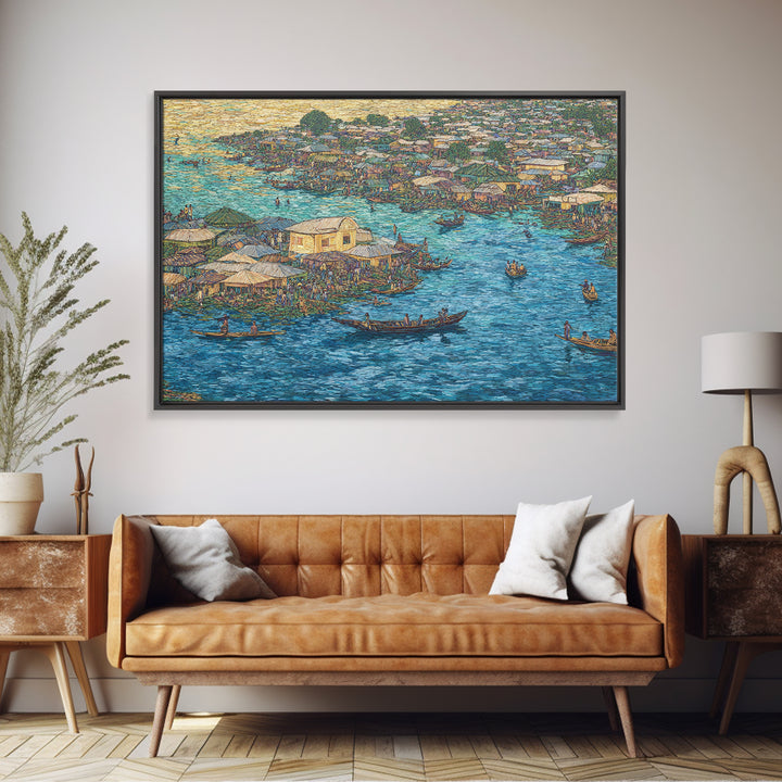 Blue Floating Village Canvas Print, African Coastal Boats And Water Market, Cultural Wall Decor For Living Room Gallery Art