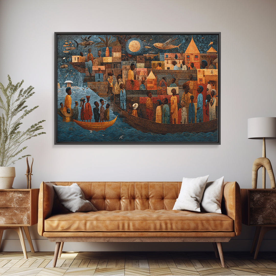 Moonlit African Story Boat Wall Art, Folk Village Figures And Ancestral River, Afrocentric Cultural Decor Canvas Print Gift