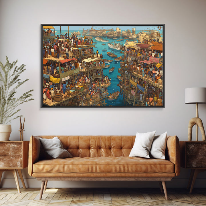 Crowded Coastal Harbor Wall Art, African Waterfront Market City, Detailed Boat Scene For Urban Living Room Decor Canvas Print Gift