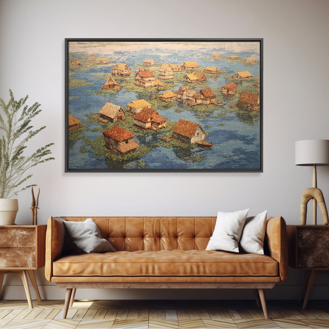 Peaceful Stilt Village Framed Canvas Print, Floating Water Houses And Boats, African Coastal Wall Decor For Home Gallery