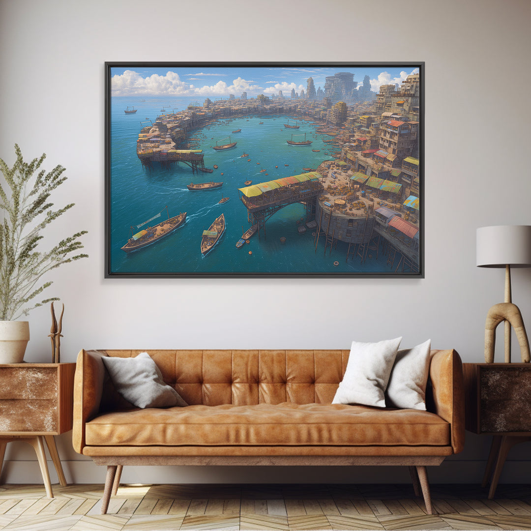 Futuristic African Harbor Canvas Print, Panoramic Coastal City With Boats, Modern Wall Art For Living Room Statement Decor