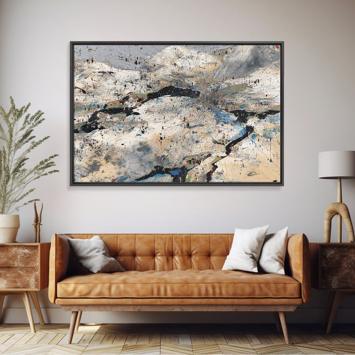 Abstract Mountain River Canvas Print, Modern African Landscape Art, Textured Blue White Wall Decor, Large Office Art Gift