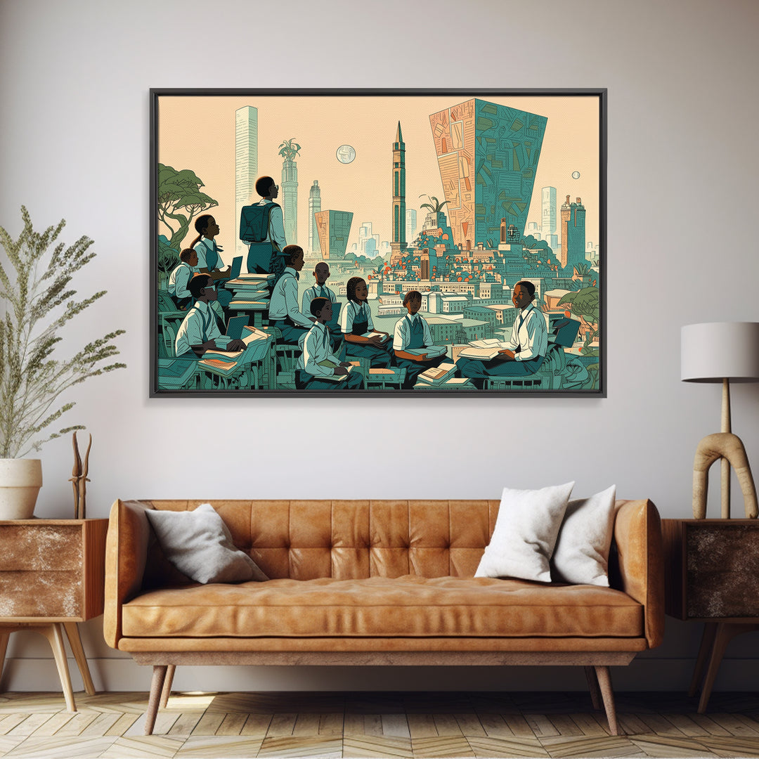 Afrofuturist Classroom Wall Art, African Children Cityscape, Black Education Poster, Modern Culture Home Decor Gift, Canvas Print