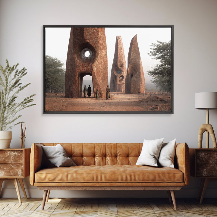 Terracotta Tribal Tower Wall Art, African Sculpture Inspired Architecture, Desert Monument Canvas Print, Bold Home Decor