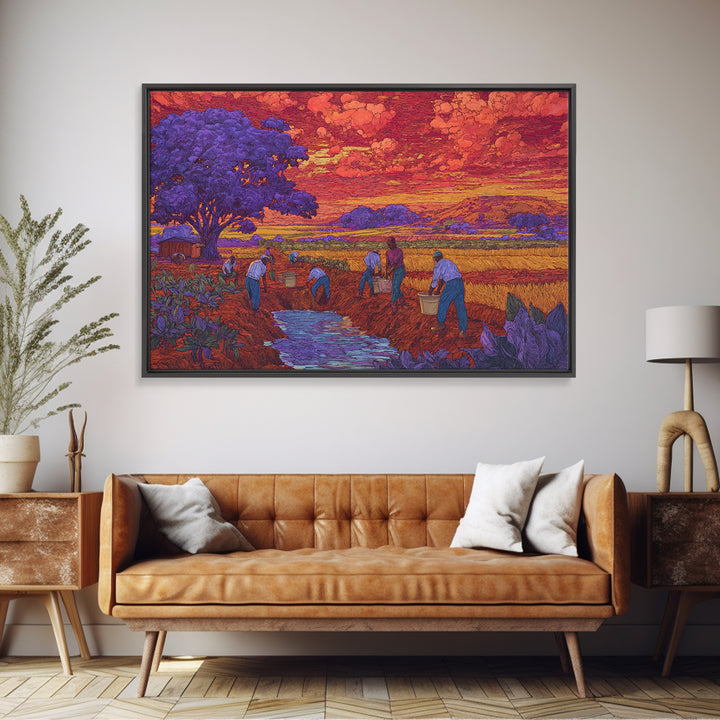 Purple Tree Harvest Wall Art, African Village Landscape, Colorful Sunset Field Painting, Cultural Canvas Print Decor Gift