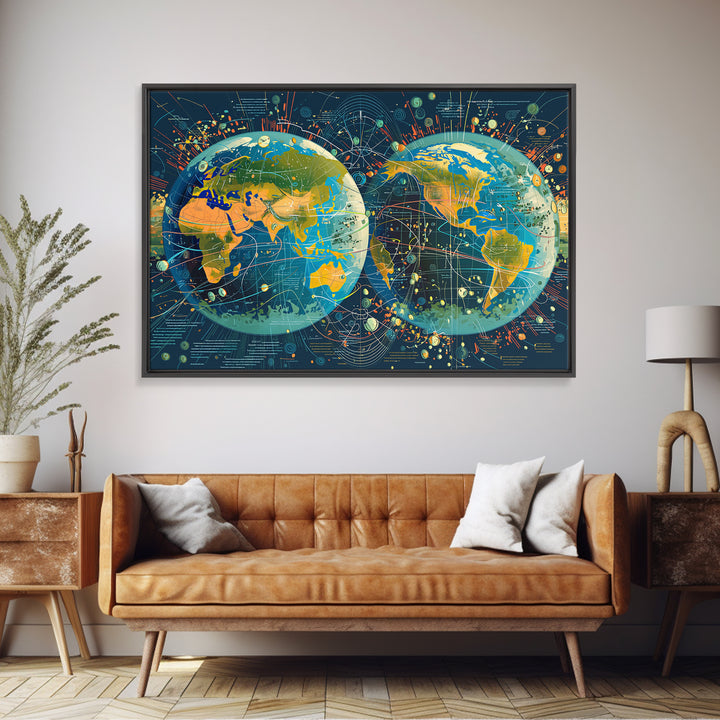 Dual Globe World Map Wall Art, Modern Geography Poster, Science Office Decor, Educational Travel Gift For Home And Classroom Decor