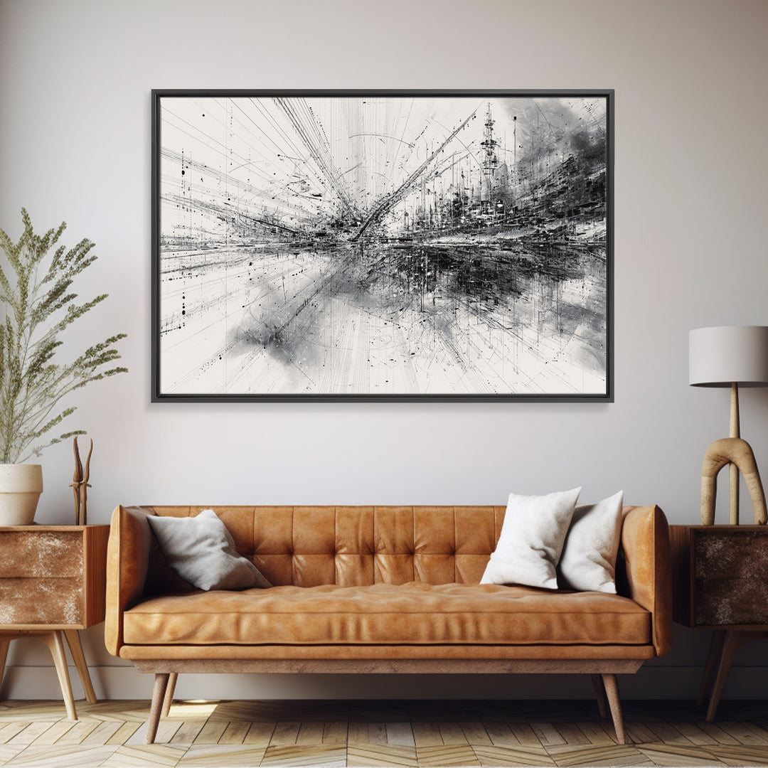 Monochrome Abstract Technical Skyline Canvas Print, Black And White Wall Decor, Minimalist Modern Office Art Gift For Study