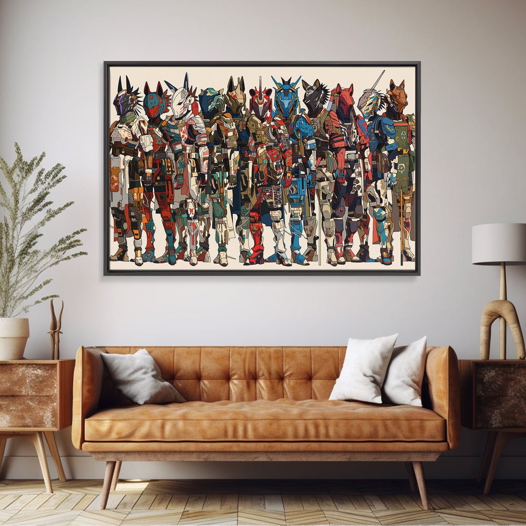 Futuristic African Mecha Warriors, Tribal Mask Canvas Print, Afrocentric Wall Art, Bold Black Culture Art, Modern Safari Decor