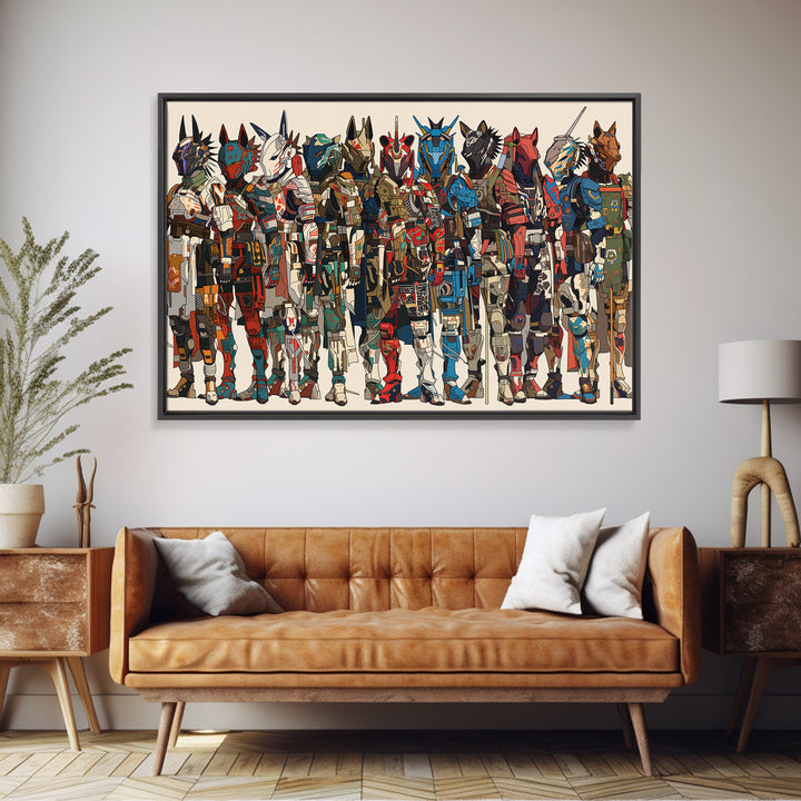 Futuristic African Mecha Warriors, Tribal Mask Canvas Print, Afrocentric Wall Art, Bold Black Culture Art, Modern Safari Decor