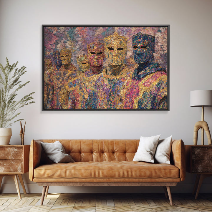 Colorful Abstract Masked Figures, African Tribal Art Canvas Print, Afrocentric Wall Art, Ethnic Home Decor, Modern Black Art