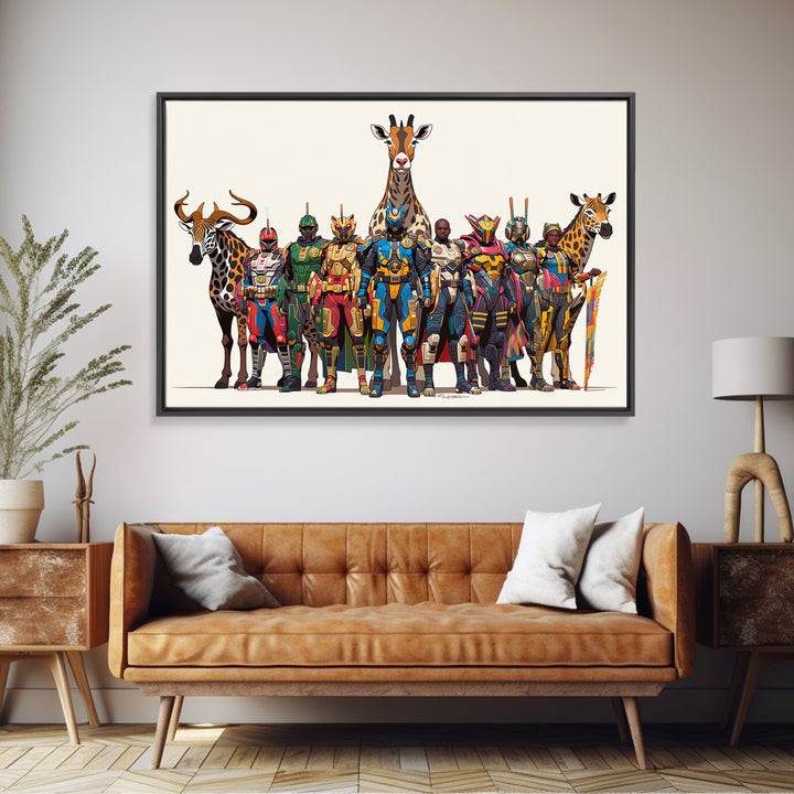 Afrofuturist Safari Warriors With Giraffes, African Wall Art, Framed Canvas Print, Tribal Queen Art, Bold Home Decor Gift