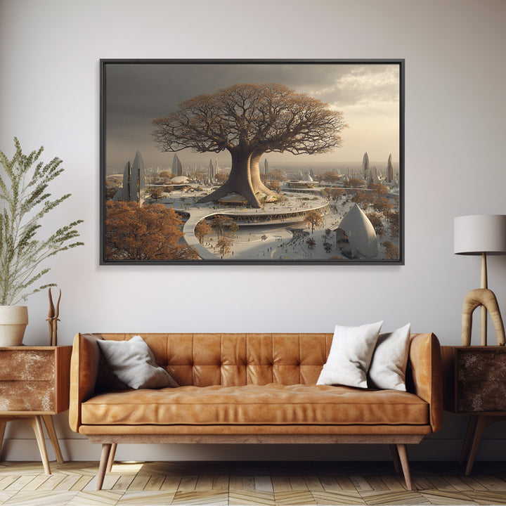 Giant Baobab Future City At Sunset, African Landscape Wall Art, Framed Canvas Print, Afrofuturism Decor, Statement Art For Living Room