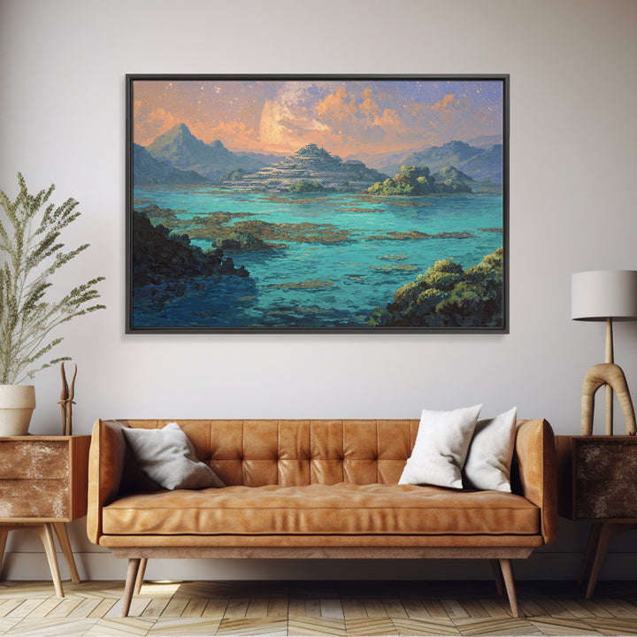 Turquoise Island Temple Landscape, Dreamy African Inspired Wall Art, Canvas Print, Nature Scene Art, Bohemian Home Decor Gift