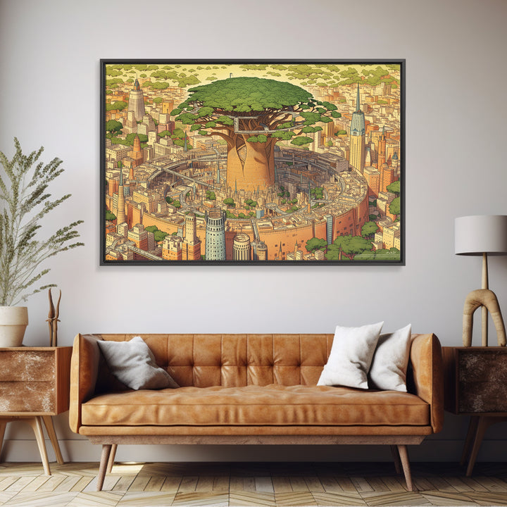 Illustrated Baobab Megacity, African Tree Wall Art, Framed Canvas Print, Afrofuturism Decor, Statement Cultural Home Decor Gift