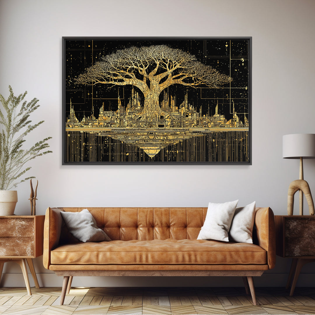 Gold Baobab Futuristic Skyline On Black, African Wall Art, Canvas Print, Black And Gold Art, Luxury Canvas Art Statement Home Decor