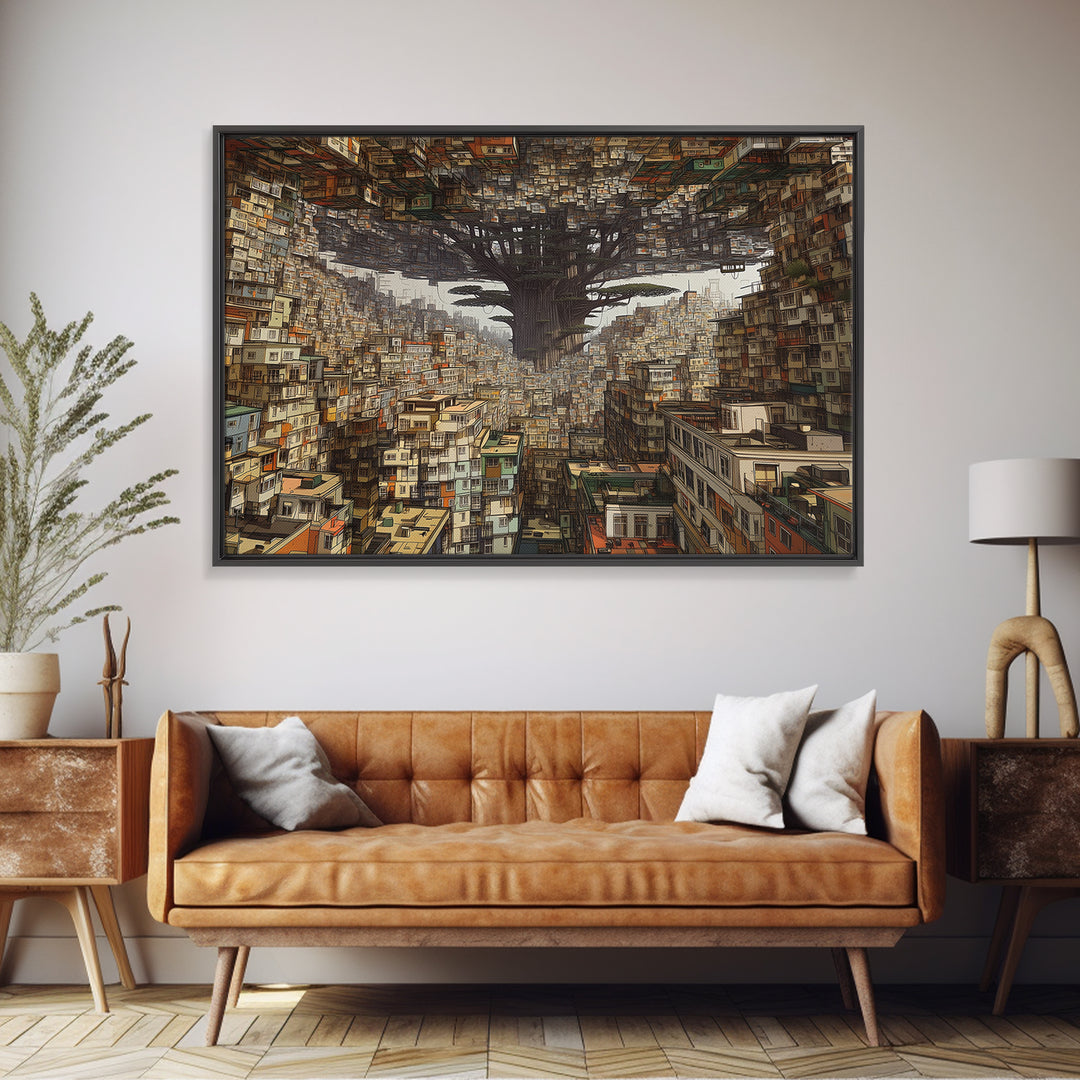 Upside Down Baobab Cityscape, African Abstract Wall Art, Framed Canvas Print, Urban Wall Art, Afrofuturism Statement Home Decor