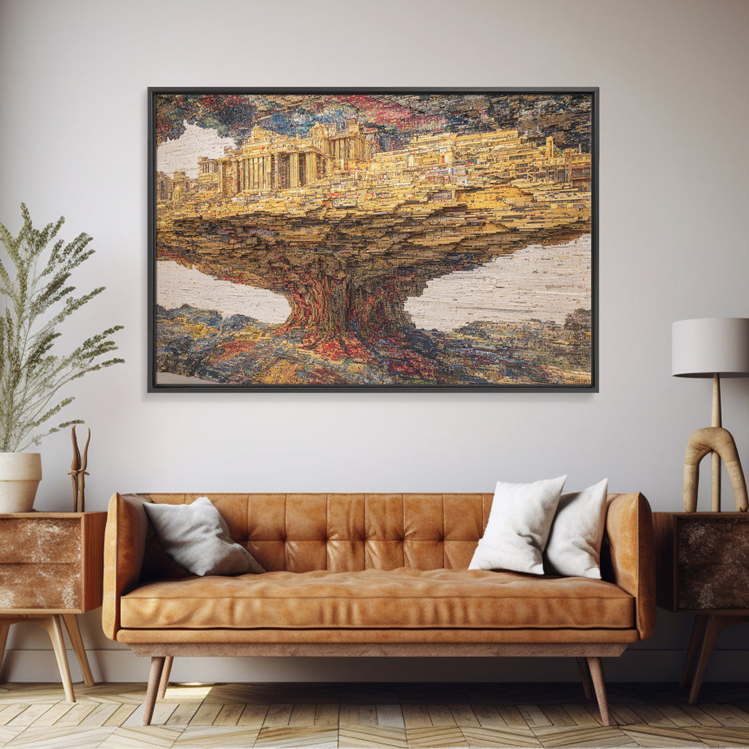 Ancient City Tree Mirage, Textured African Landscape Wall Art, Framed Canvas Print, Cultural Art Print, Earth Tone Decor