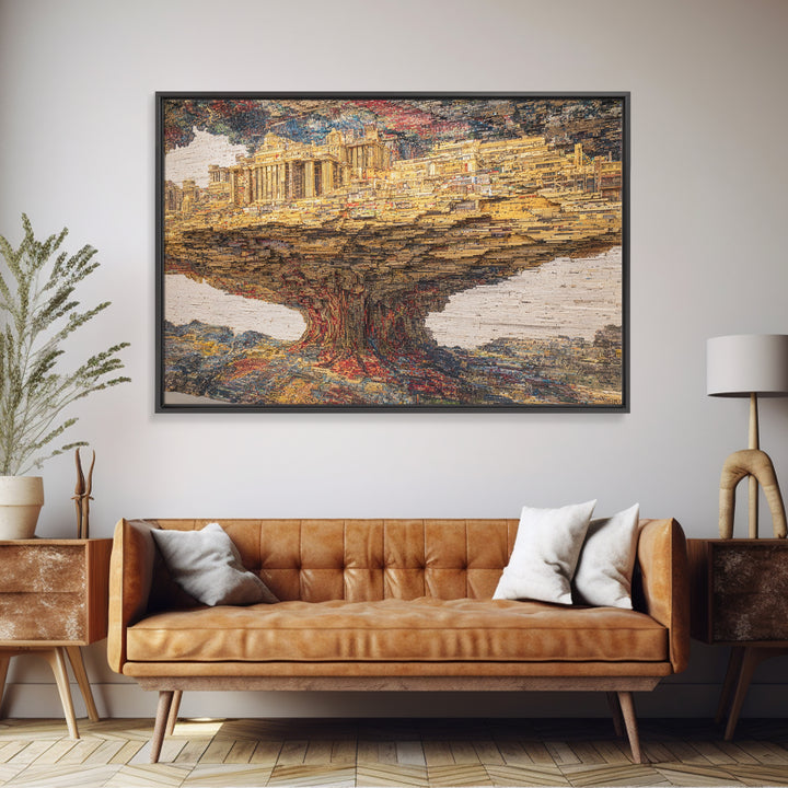 Ancient City Tree Mirage, Textured African Landscape Wall Art, Framed Canvas Print, Cultural Art Print, Earth Tone Decor