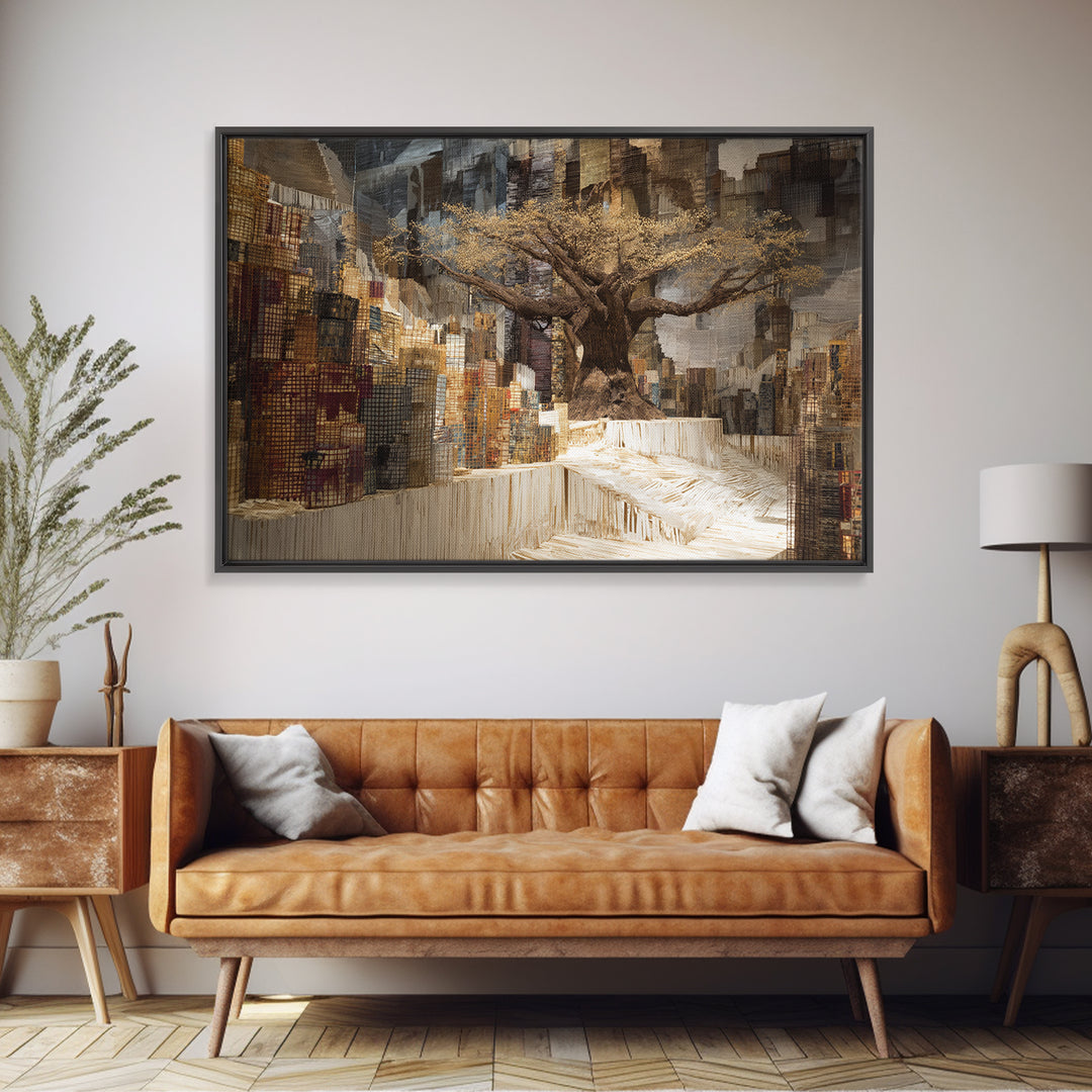 Golden Baobab In Abstract Cityscape Wall Art, African Landscape, Modern African Art, Earth Tone Living Room Decor Canvas