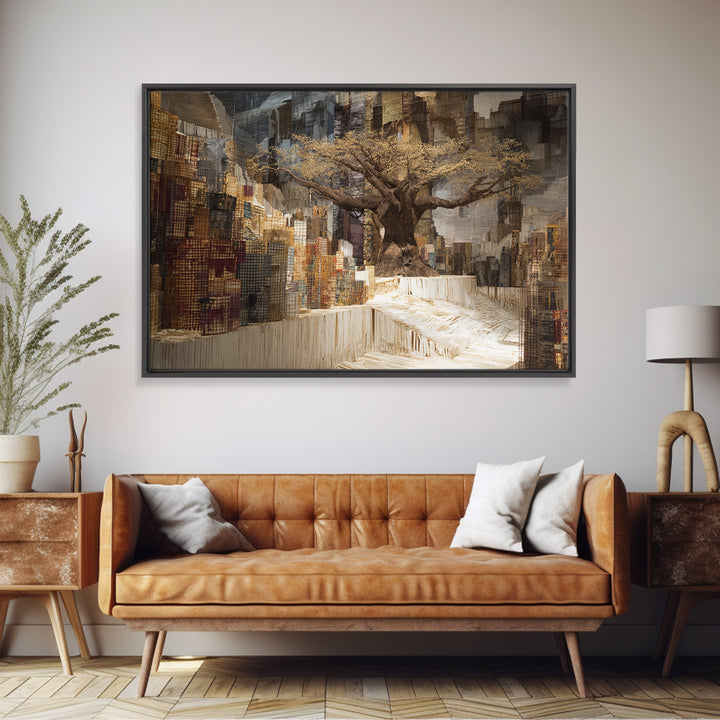 Golden Baobab In Abstract Cityscape Wall Art, African Landscape, Modern African Art, Earth Tone Living Room Decor Canvas