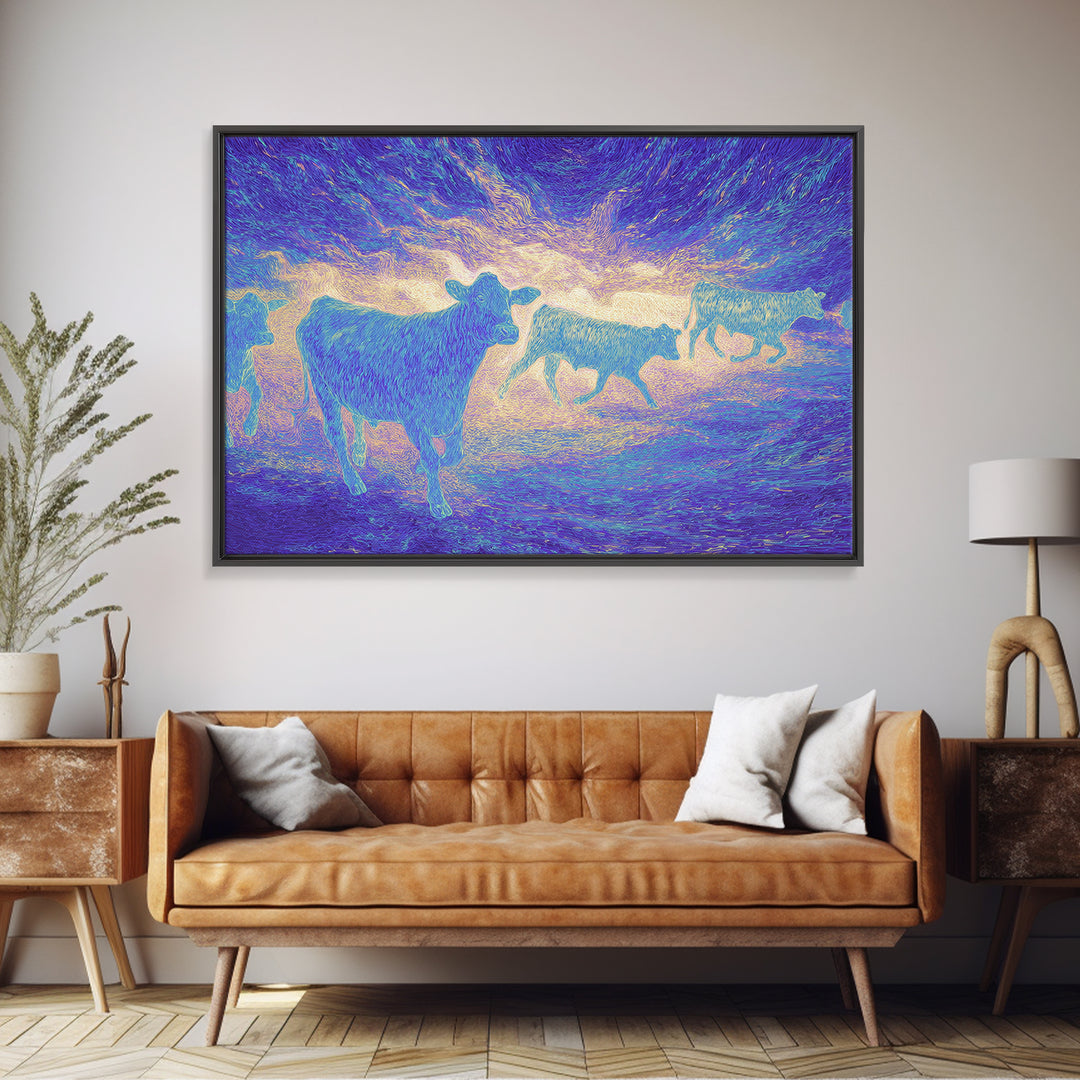 Neon Pastel Cows At Sunset Canvas Print, African Animal Art, Safari Art, Colorful Wall Decor, Farm Animal Living Room Art