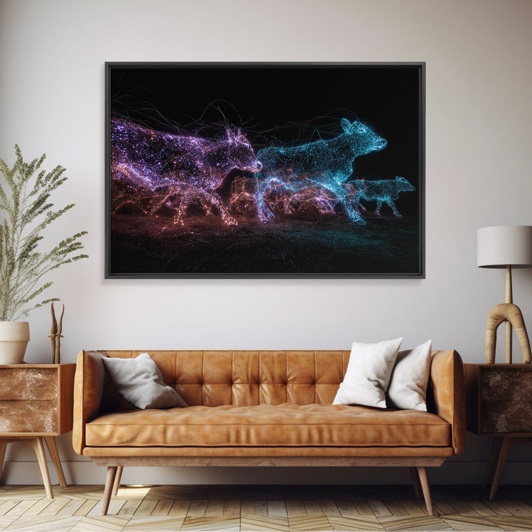 Glowing Digital Cattle Herd Wall Art, African Animal Art, Modern Abstract Black Art, Neon Safari Decor, Unique Canvas Print