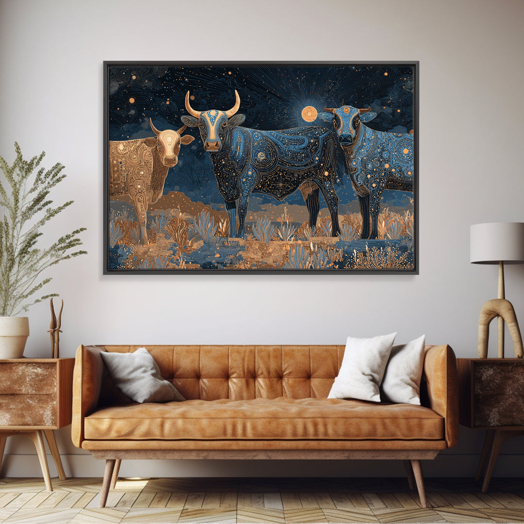Celestial Longhorn Cattle Canvas Print, African Animal Art, Tribal Patterns, Southwestern Wall Decor, Boho Living Room Art