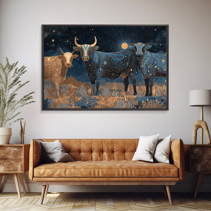 Celestial Longhorn Cattle Canvas Print, African Animal Art, Tribal Patterns, Southwestern Wall Decor, Boho Living Room Art