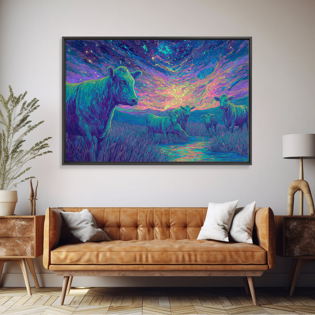 Violet Twilight Cows By Creek Wall Art, African Animal Art, Colorful Safari Art, Dreamy Wall Decor, Nature Scene Canvas Print