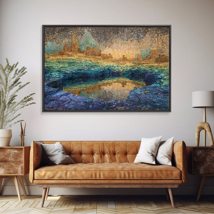 Shimmering Coastal City Lagoon Wall Art, African Landscape, Modern Abstract Art, Teal Gold Decor, Dreamy Living Room Canvas