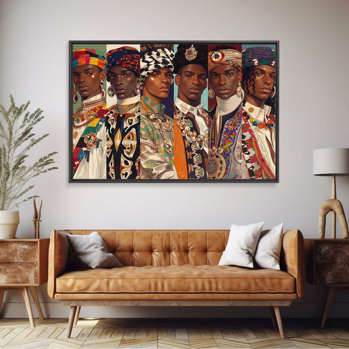 Six Regal African Portraits Wall Art, African Fabric, Nigerian Fashion Art, Black Beauty Art, Colorful Portrait Canvas Print