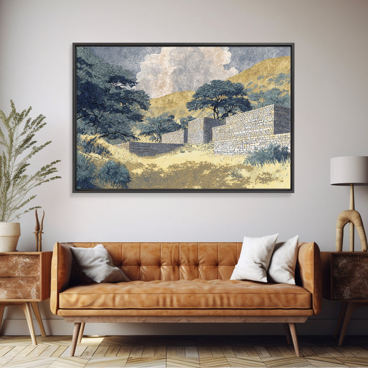 Sunlit Stone Walls In African Hills Framed Canvas Print, Serengeti Landscape Art, Earth Tone Safari Decor Gift, Living Room Wall Decor