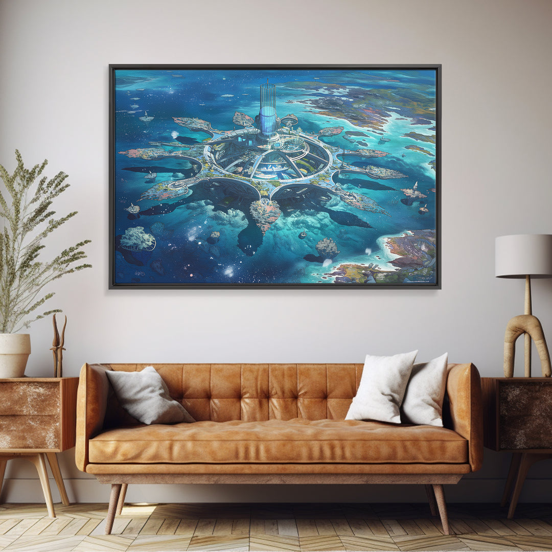 Futuristic Ocean City And Floating Islands Canvas Print, Afrofuturism Wall Art, Blue Sci Fi Coastal Home Decor For Office Gift