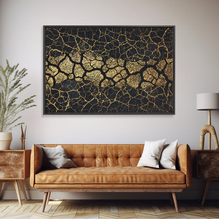 Gold Cracked African Map Pattern On Black Texture Wall Art, Abstract African Art Print, Luxury Earth Tone Home Decor Gift