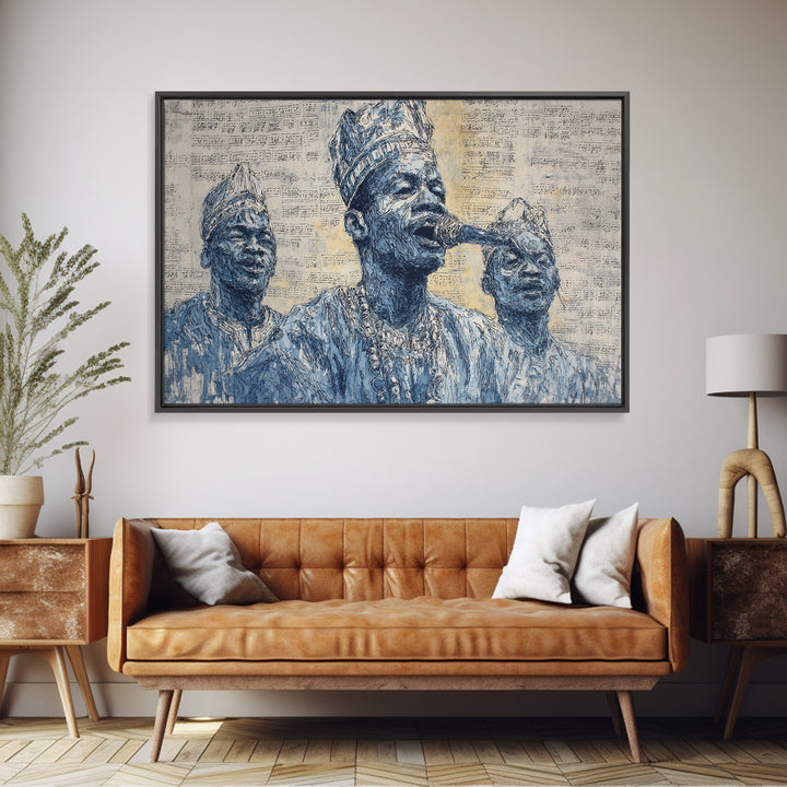 Blue Ink African Musicians Singing In Traditional Hats Wall Art, Cultural Portrait Art Print, Black History Home Decor Gift