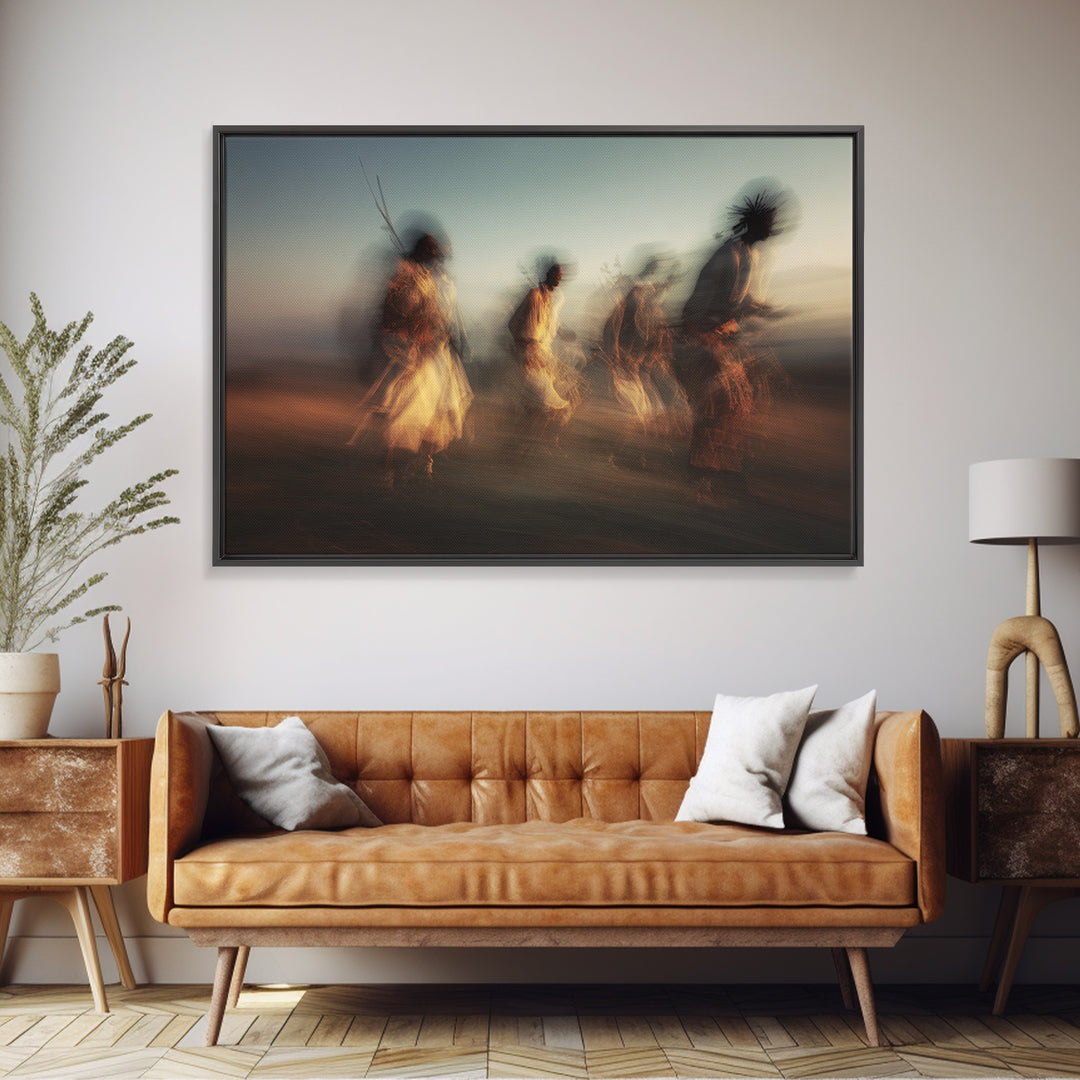 Twilight Tribal Warriors Dancing Framed Canvas Print, African Warrior Art, Safari Culture Wall Decor, Ethnic Home Decor Gift
