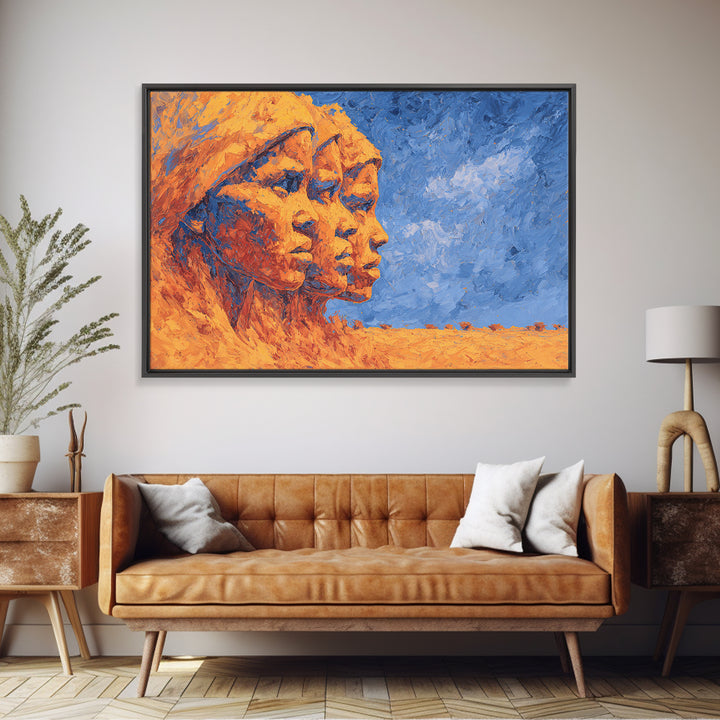 Three African Women Profiles Canvas Print, Orange Blue Portrait Wall Art, Black Beauty Art, Afrocentric Home Decor Art Gift