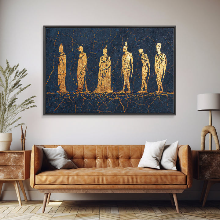 Golden Tribal Figures On Cracked Blue Wall Art, Ancient African Art Print, Ethnic Sculpture Decor, Cultural Home Decor Gift