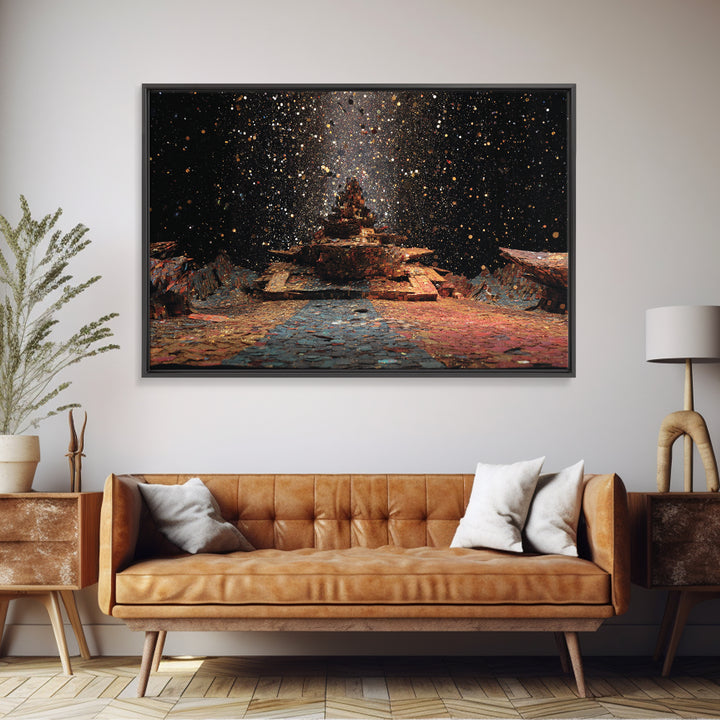 Ancient Starry African Temple Canvas Print, Mystical Wall Art, Black And Gold Art, Spiritual Cultural Home Decor Unique Gift