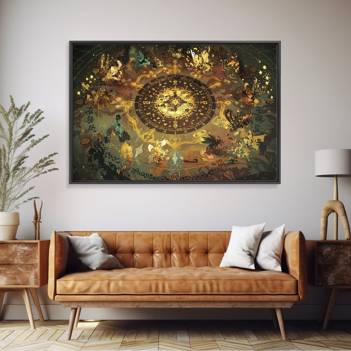 Golden Zodiac Circle And Mystical Animals Wall Art, Spiritual Decor, Astrology Inspired Canvas Print, Boho Home Decor, Gift