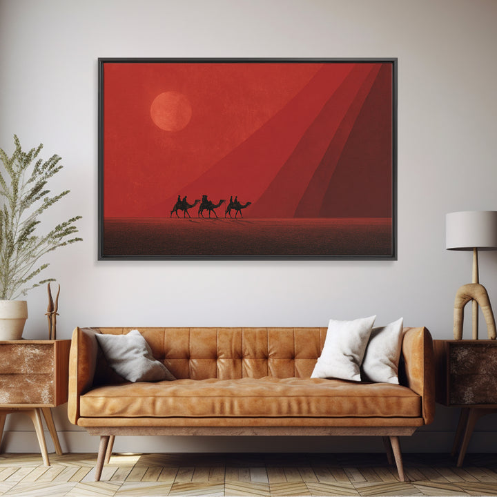 Red Desert Camel Caravan At Sunset Canvas Print, African Safari Art, Morocco Travel Poster, Earth Tone Wall Decor Gift For Him