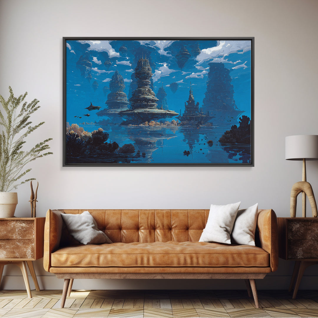 Blue Underwater Fantasy Cityscape Wall Art, Modern Canvas Print, Dreamy Ocean Decor, Unique Large Living Room Art, Home Decor Gift
